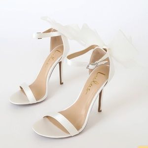 Ivory Satin Bow Ankle Strap High Heel Sandals